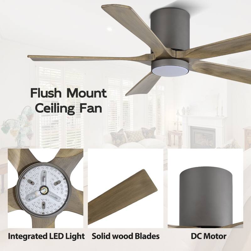 WINGBO 52" Solid Wood DC Motor Integrated LED Hugger Ceiling Fan with Remote