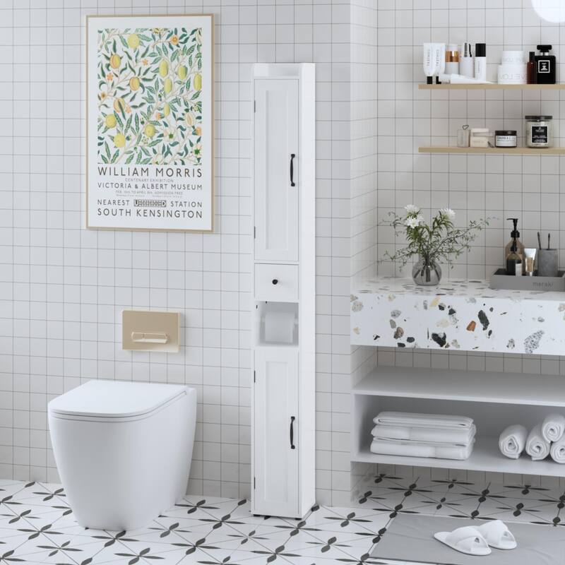 67.51" Tall Slim Storage Cabinet – 2 Doors, Adjustable Shelves, Anti-Tip, White (For Bathroom/Kitchen/Small Spaces)‌