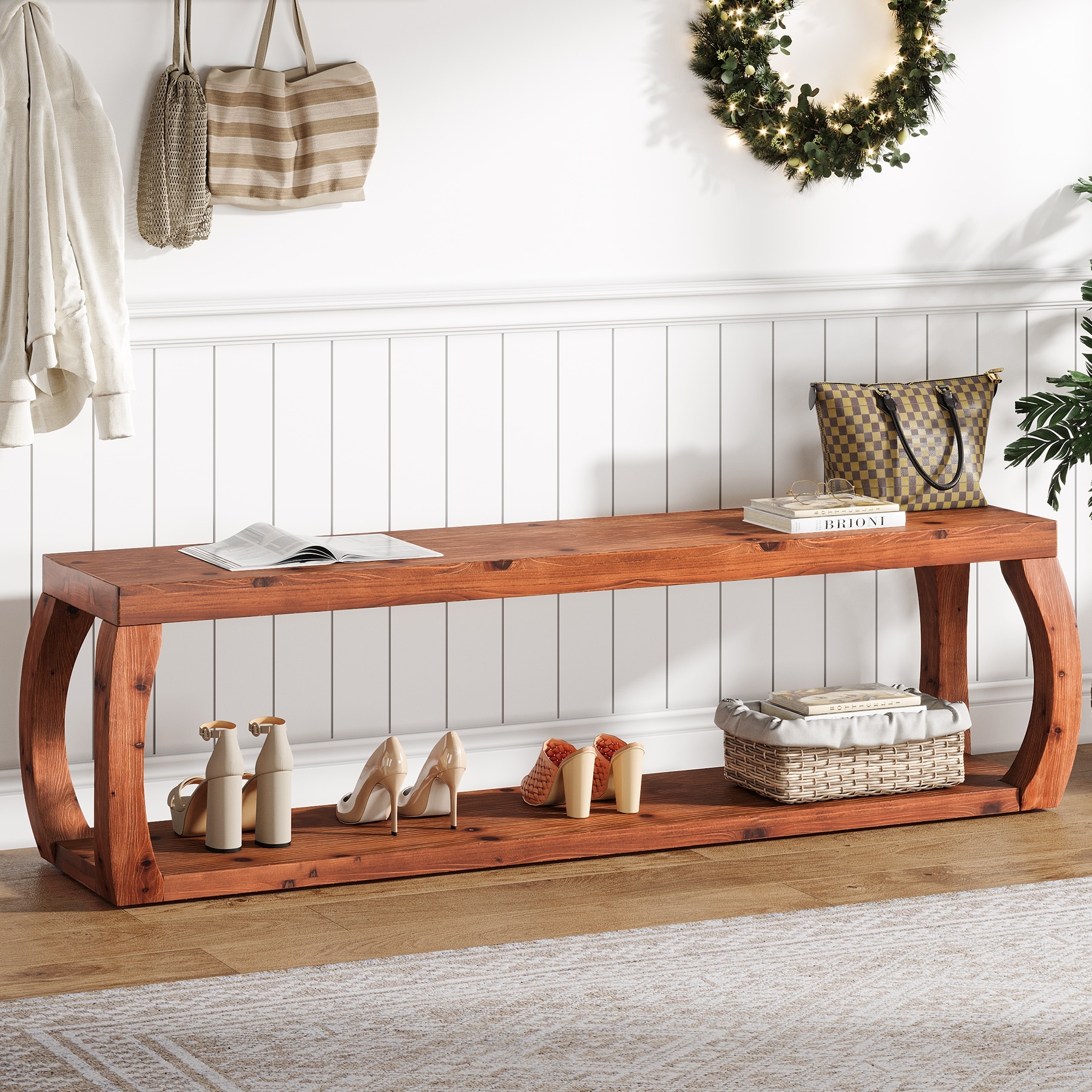 59.06" Solid Wood Bench for Entryway, Living Room