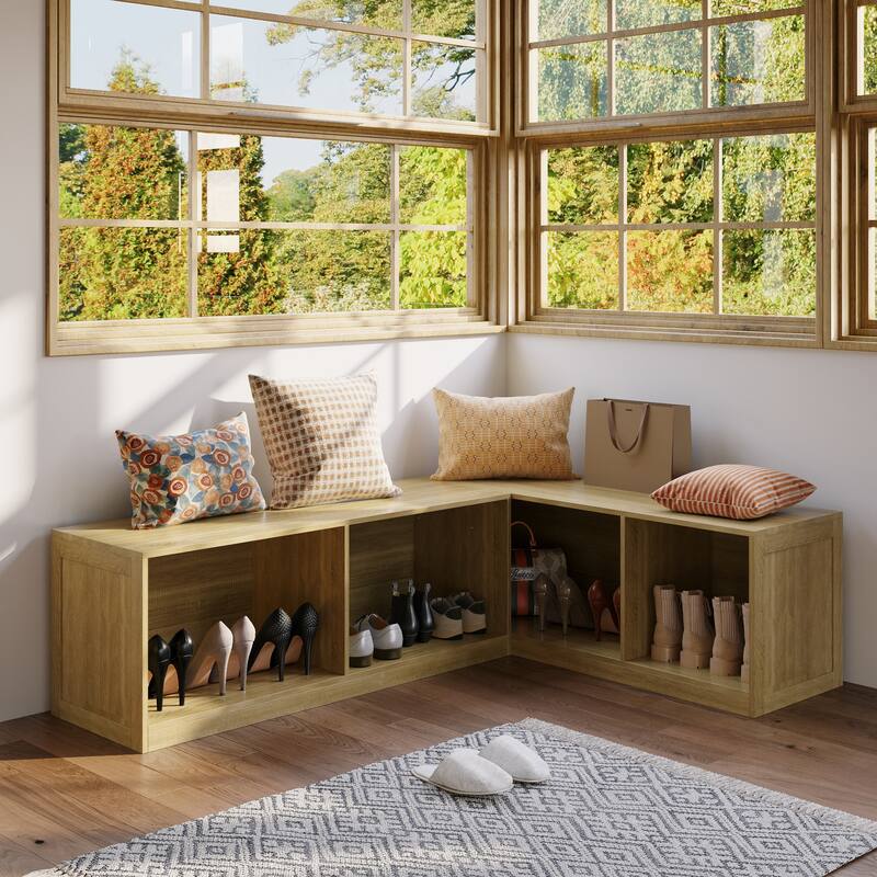 L-Shaped Entryway Bench with Open Shoe Storage, Corner Mudroom Organizer Seating, Wooden Hallway Storage Bench