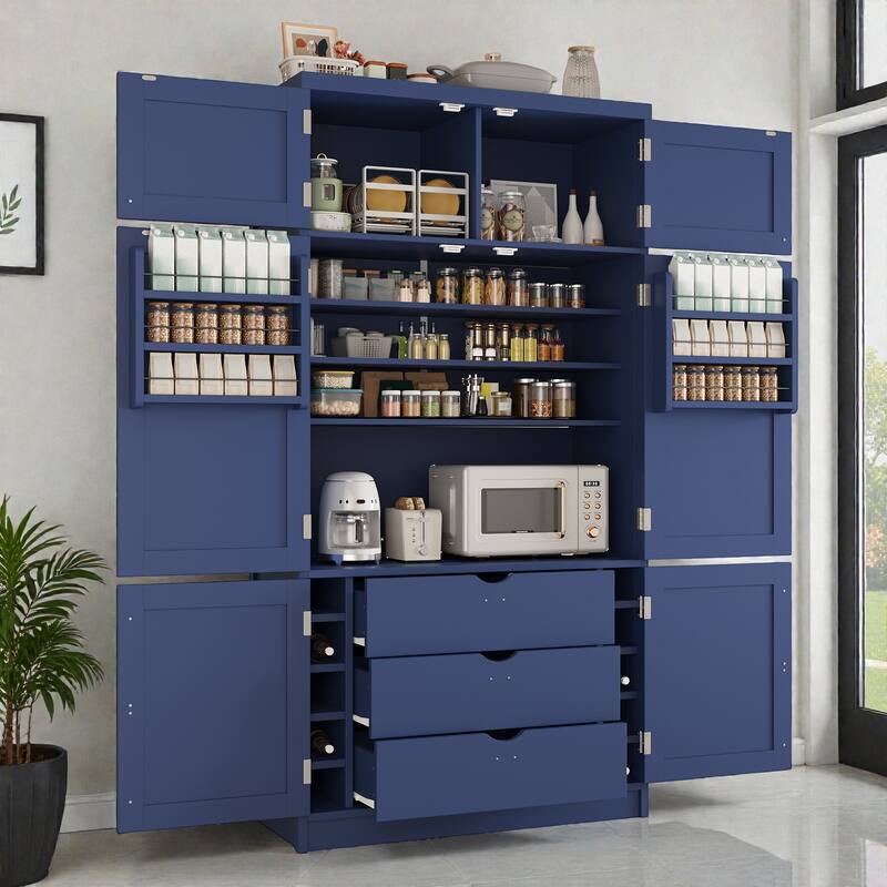 80.1'' Tall Kitchen Pantry Cabinet, Shaker Storage Cupboard w/ Power Outlets, Drawers, Wine Rack, Adjustable Shelves