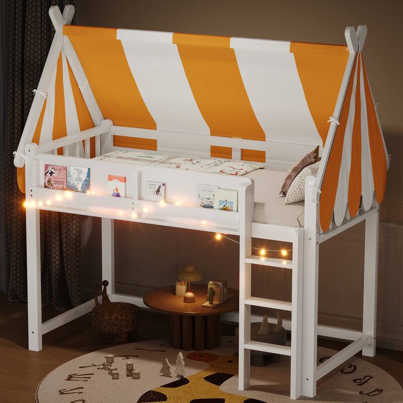 GDFStudio - BrightNest Modern Wooden Loft Bed with Canopy, LED Lights and Bookshelf - White - Twin