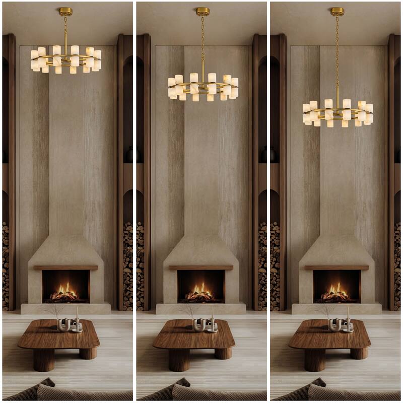 Modern Alabaster Glass Chandelier, Round or Linear Pendant Light with Up & Down Shades, D600-L1370, Copper or Black Finish