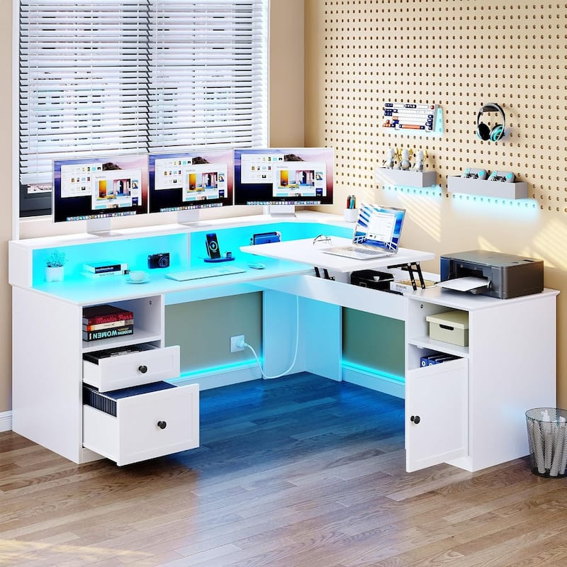 Moasis 59" L Shaped Desk Corner LED Computer Gaming Desk with File Cabinet and Lift Table Top