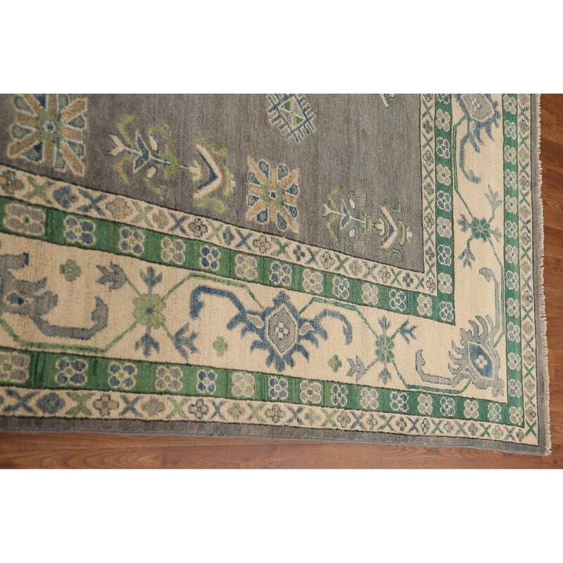 Gray Geometric Kazak Oriental Rug Living Room Handmade Wool Carpet - 9'10"x 13'1"