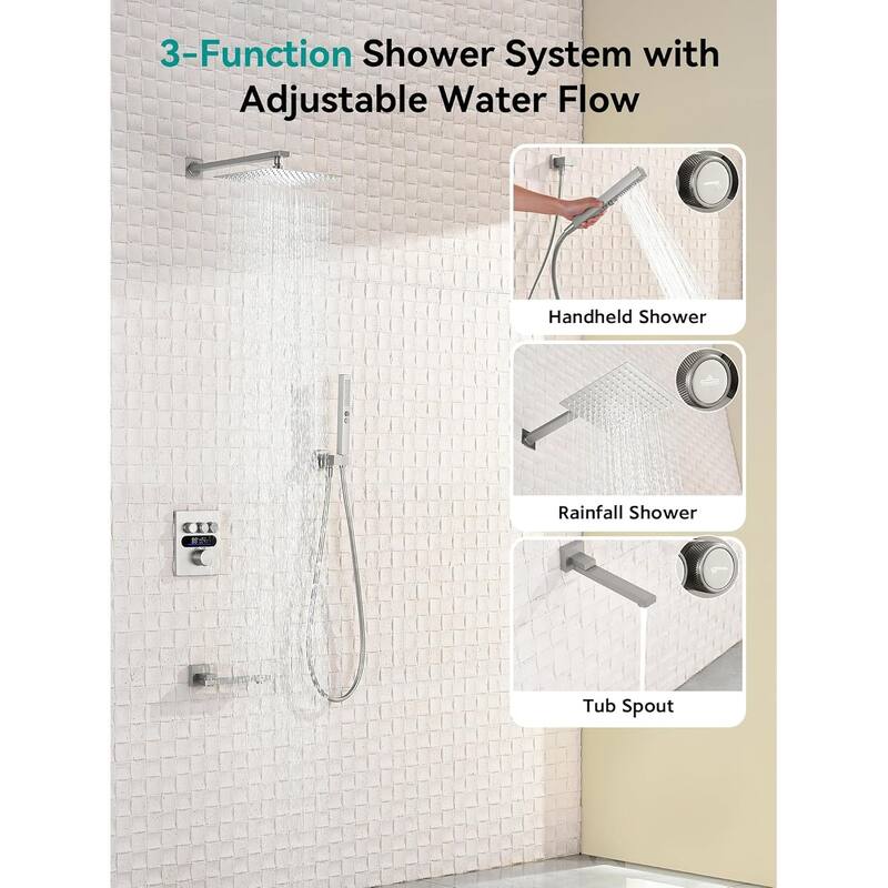 Lefton Shower System in Fahrenheit Display, 10” Overhead Shower Head with Handheld Spray Showerhead and Bathtub Faucet, SSWM2502