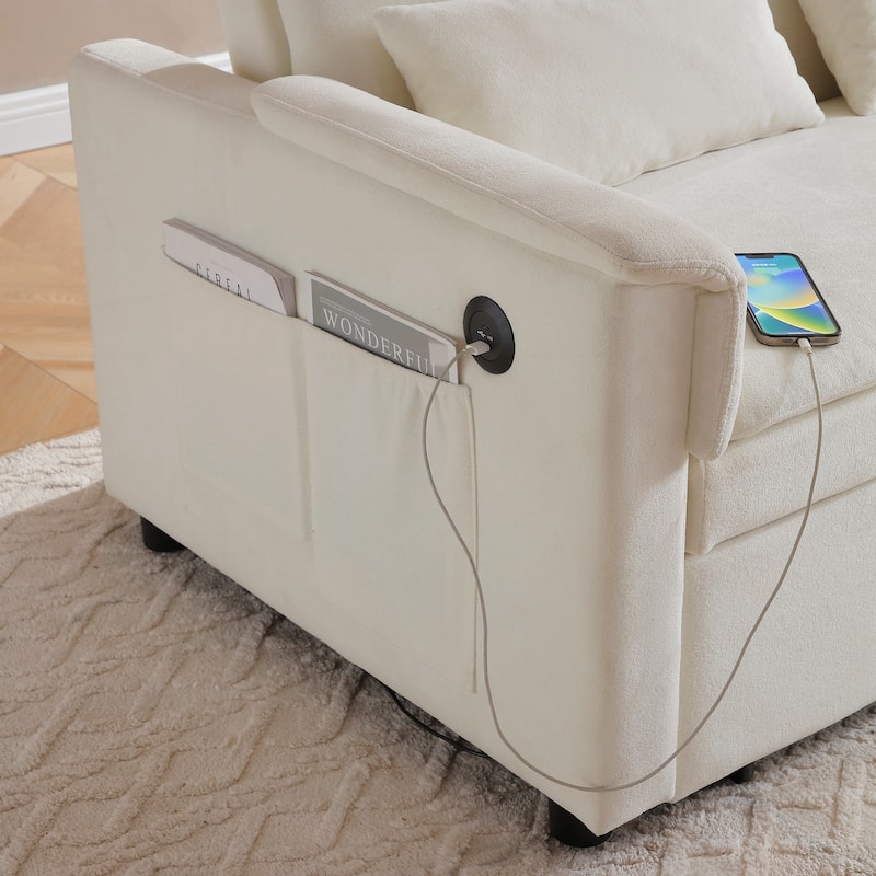 55" Velvet Two Seater Pull Out Sofa Bed, Adjustable Backrest With USB Ports, Two Side Pockets - Beige