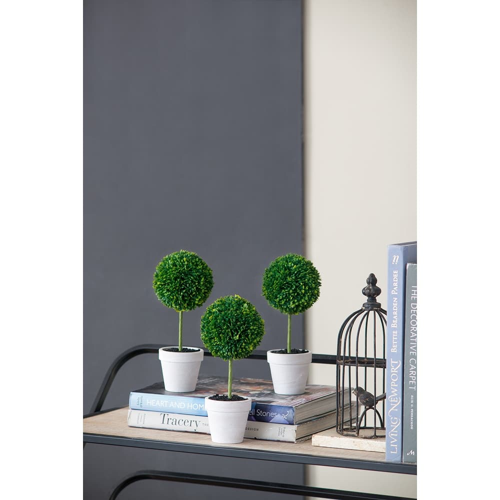 Set of 3 Mini Faux Topiary in Cream Pot 9.5 Inch Artificial Plant Decor - Green