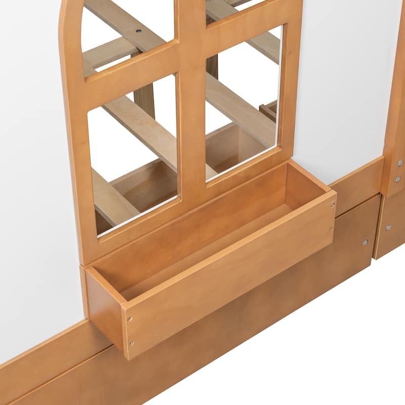 Full Size House Bed Wood Platform Bed with Tent and 21.7 inch Rail, LED Kids Bed with 2 Drawers Side Bookshelf Integrated Socket