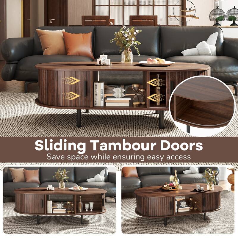 48" Modern Walnut Coffee Table with Fluted Sliding Doors and Open Storage Shelf Metal Frame - 48" x 24" x 16"