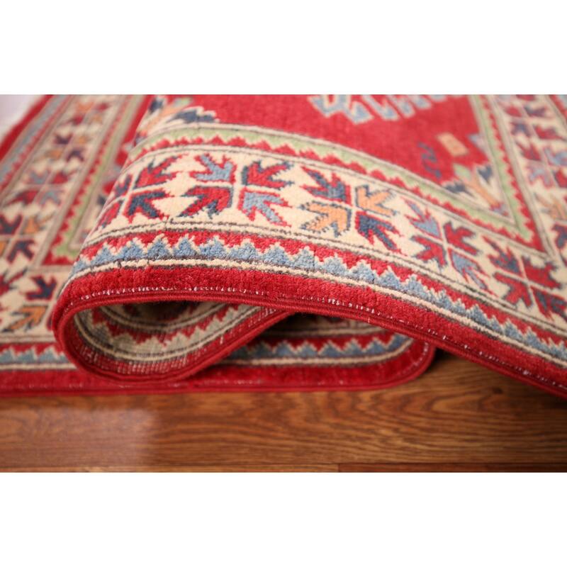 Geometric Kazak Accent Rug Hand-Knotted Red Wool Carpet - 3'4" x 4'7"