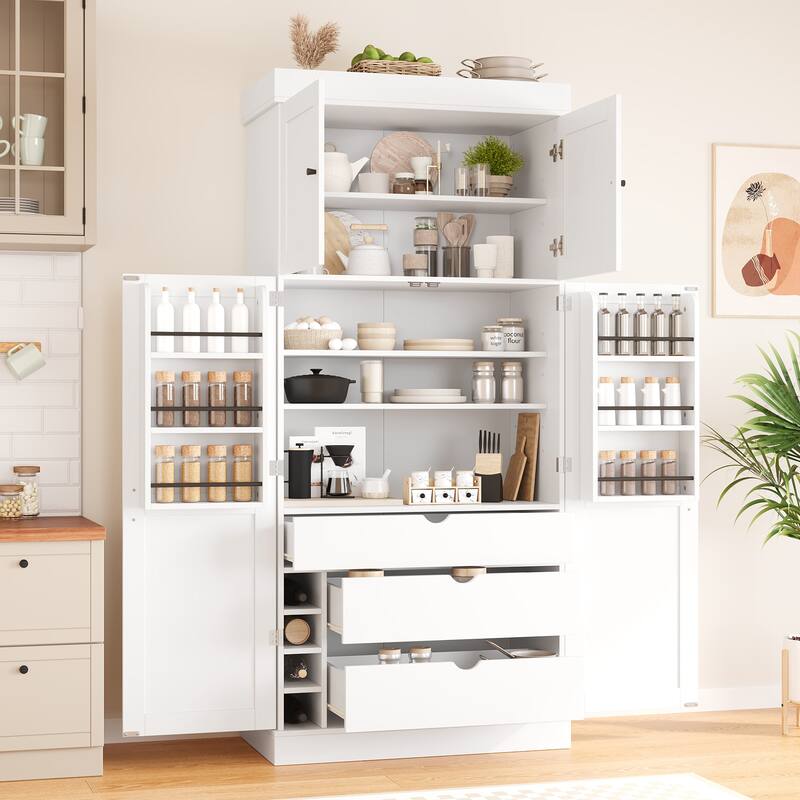 77" Tall Buffet Sideboard Storage Cabinet for Dining Room, Freestanding Kitchen Pantry Cabinetwith Drawers and Wine Racks