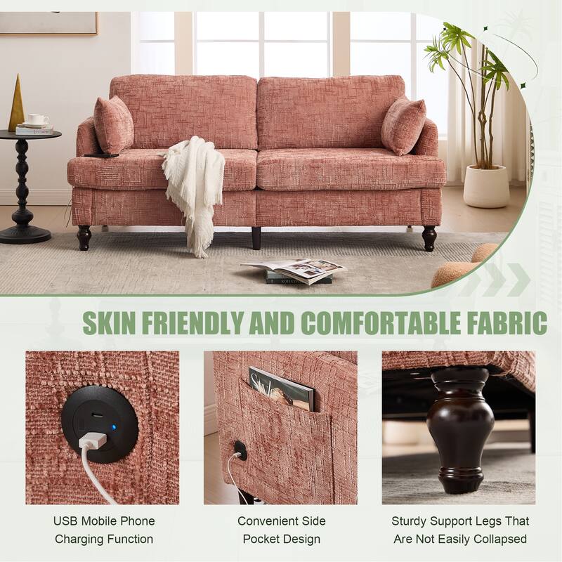 Modern Style Chenille 2-Seater Wood-Legged Sofa With Led Light, Usb Charging Port And Storage Bag Living Room Bedroom Study Room