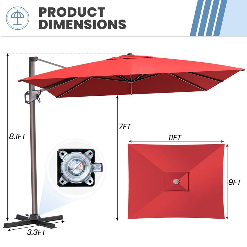 11 x 9 FT Outdoor Patio Cantilever Offset Rectangle Umbrella