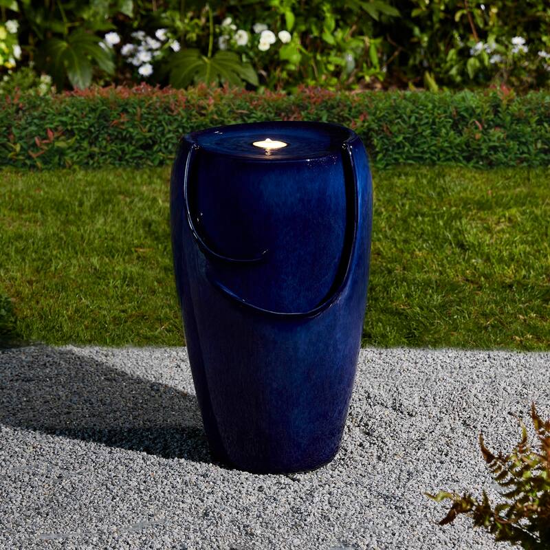 Glitzhome Oversized LED Lighted Ceramic Pot Floor Fountains for Outdoor Garden