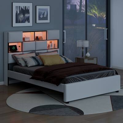 Full Size Modern Upholstered Platform Bed With Multifunctional Headboard,LED,Storage And USB