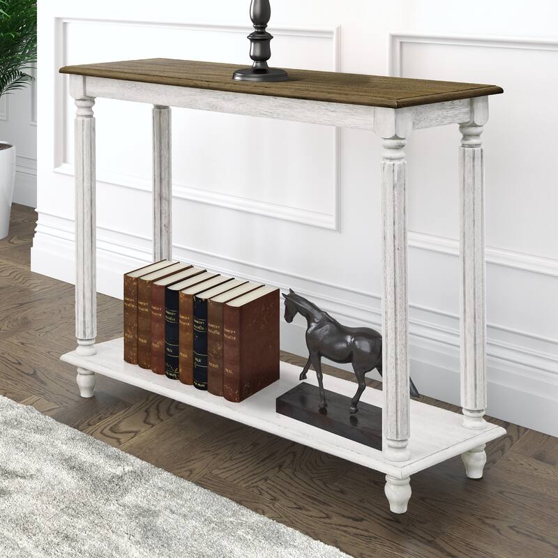 Moshiem 35.4 in. Spray Paint White with Oak Rectangular Solid Wood Console Table - White and Oak