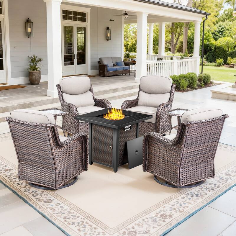 Pocassy 5/7PCS Patio Swivel Chairs 30 Inch Fire Pit Table - Beige Cushion Brown Wicker - 7-Piece Fire Pit Table w/ Swivel Chair Table Set