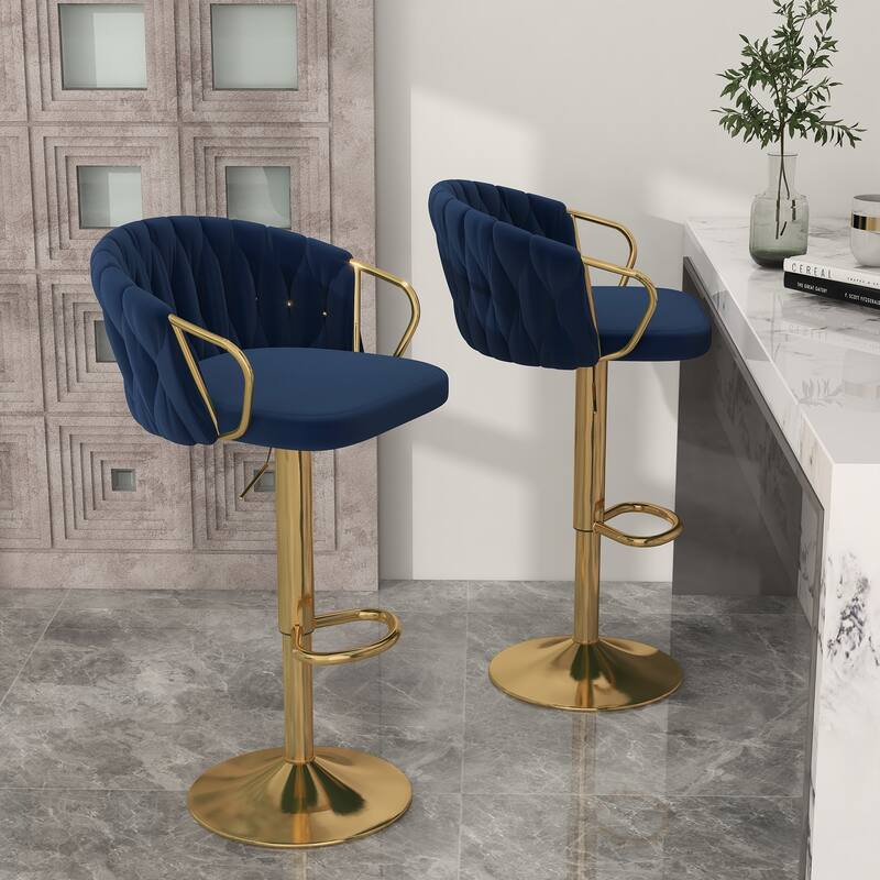 Set of 2 Bar Stool Adjustable Height Swivel Velvet Woven