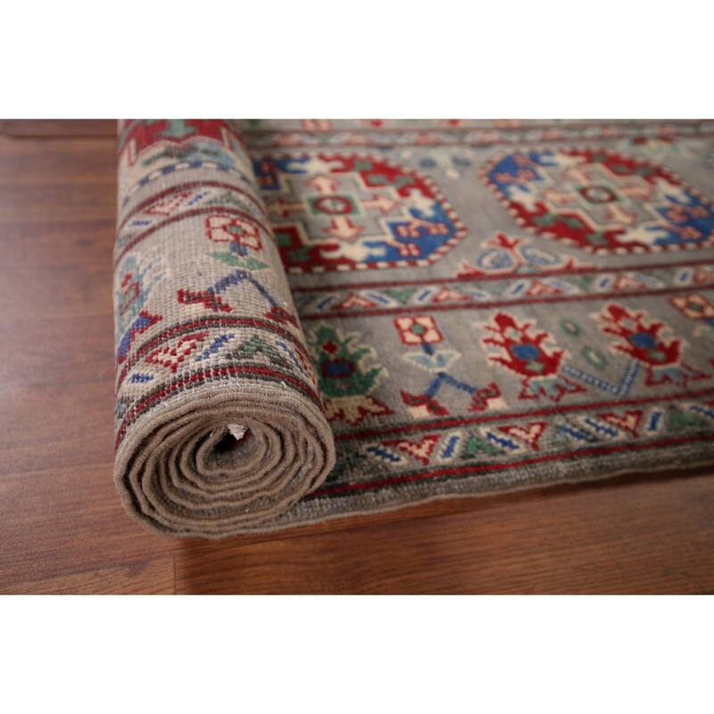 Gray Geometric Kazak Runner Rug Hand-Knotted Wool Carpet - 2'9" x 12'8"