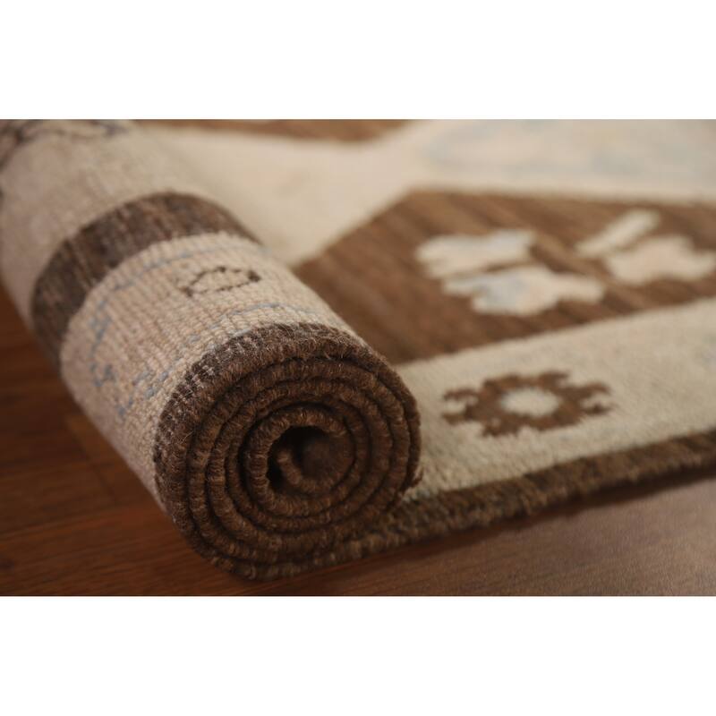 Geometric Oushak Turkish Runner Rug Handmade Wool Carpet - 2'10"x 9'1"