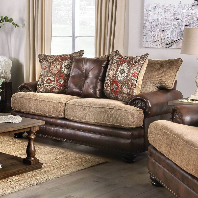 Leatherette Love Seat with Nailhead Trim in Brown