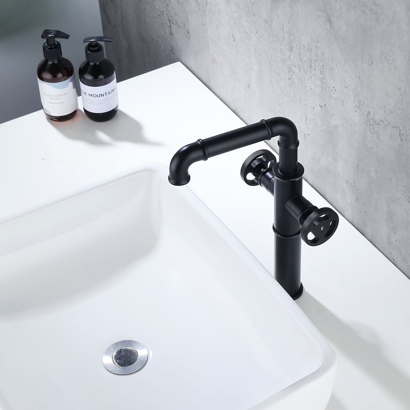 12.5"H Solid Brass Industrial Style Double Handle Bathroom Vessel Sink Faucet