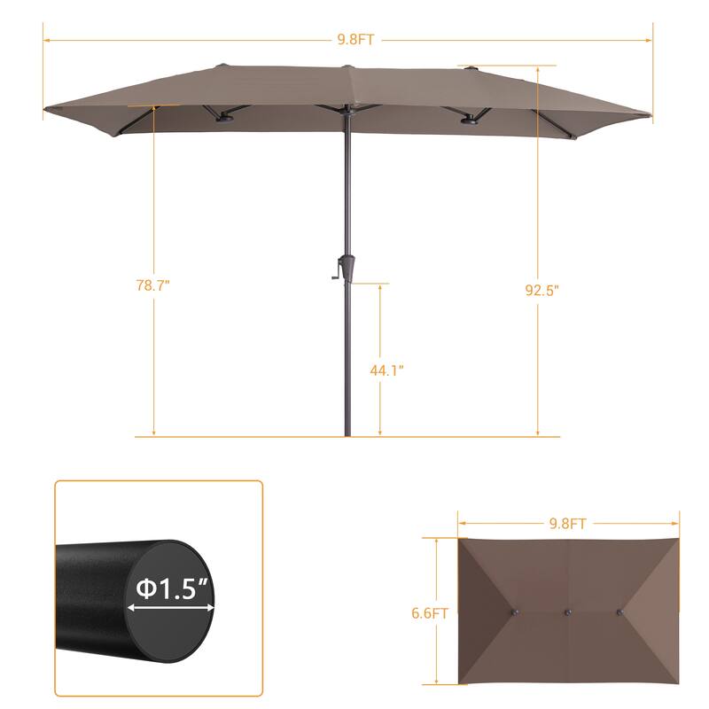 LIVOOSUN 10 x 6.5Ft Large Double-Sided Rectangular Outdoor Patio Market Umbrella with Crank, Gray