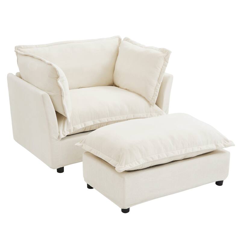Chenille Modern Armchair Sofa with Movable Ottoman, Wide Seat, Curved Armrests, and Removable Cushions