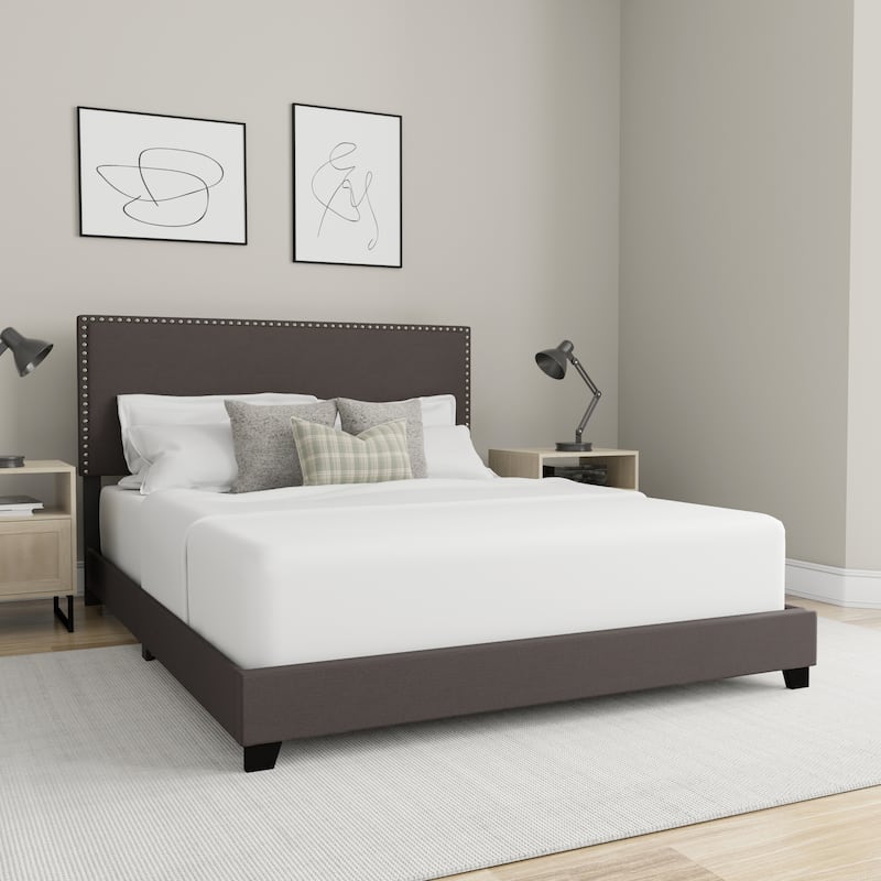 Gayle Nailhead Trim Upholstered Bed, by Hillsdale - Charcoal - Queen