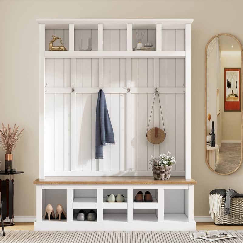 Hall Tree Storage Cabinet with 4 Hidden Hooks, Bench, and Open Compartments