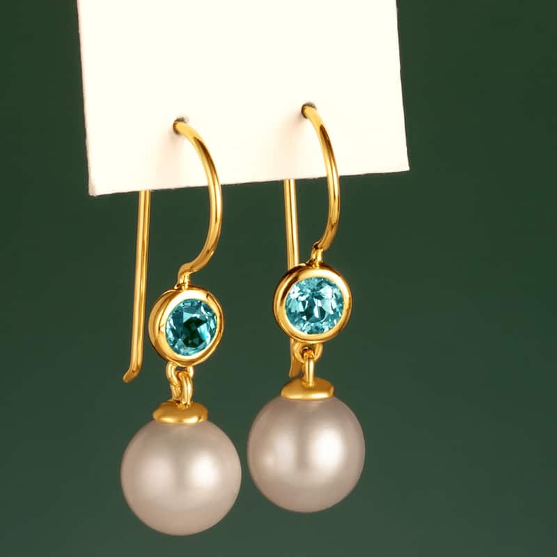 14k Yellow Gold Freshwater Pearl and Topaz Birthstone Drop Earrings