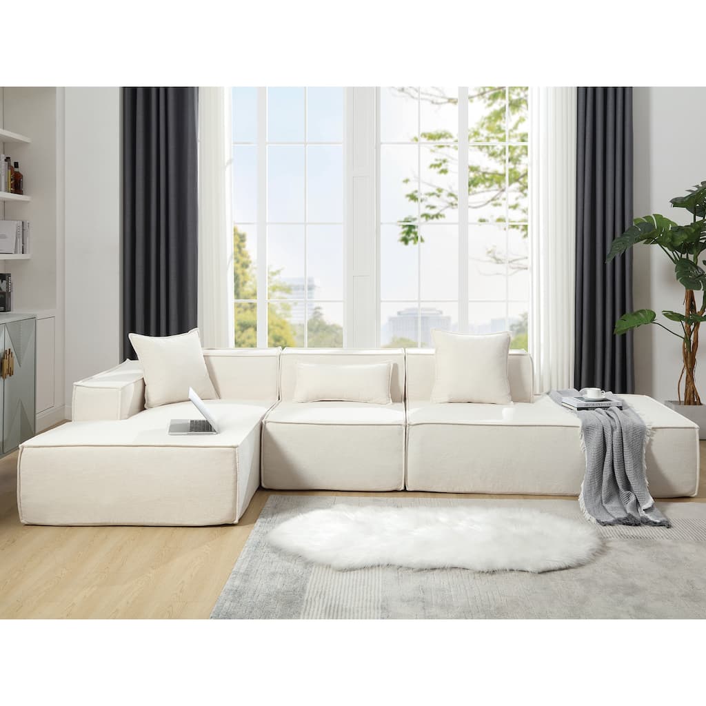 Beige 129.5'' Minimalist Modular L-Shaped 4-Seat Sofa Set with Chaise