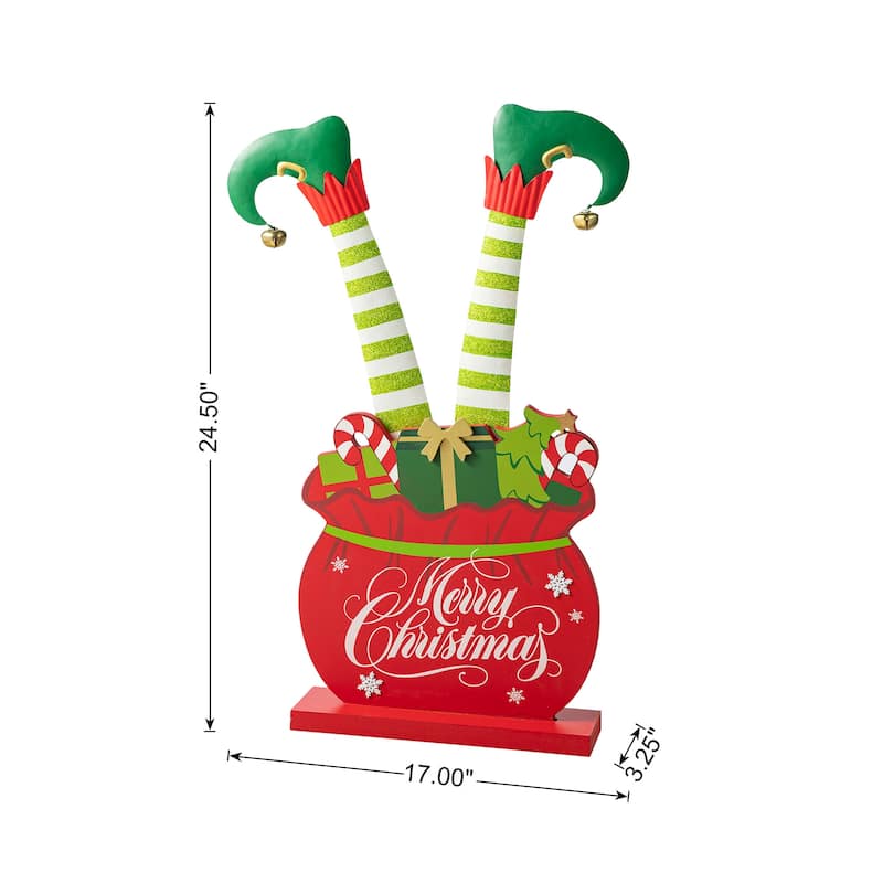 Glitzhome 24"H Christmas Wooden/Metal Elf Legs in Gift Box Porch Decor - 24.5"