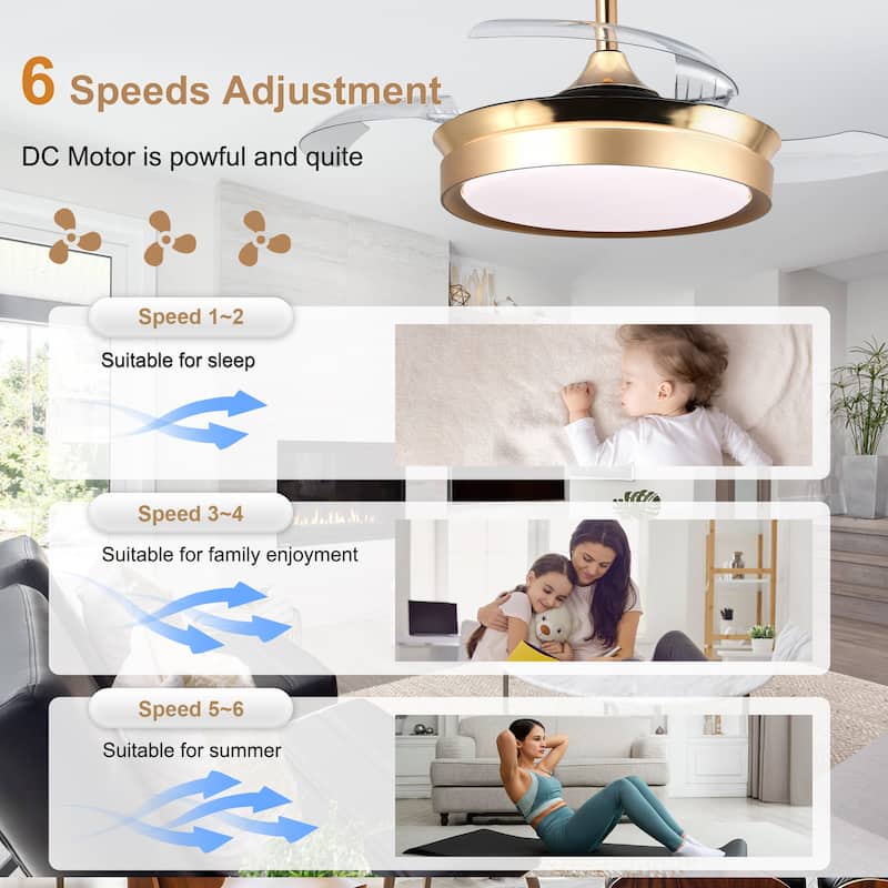 Bella Depot 36" Modern Retractable Ceiling Fan with Dimmable Led Light and Remote, 6-Speed Reversible DC Motor