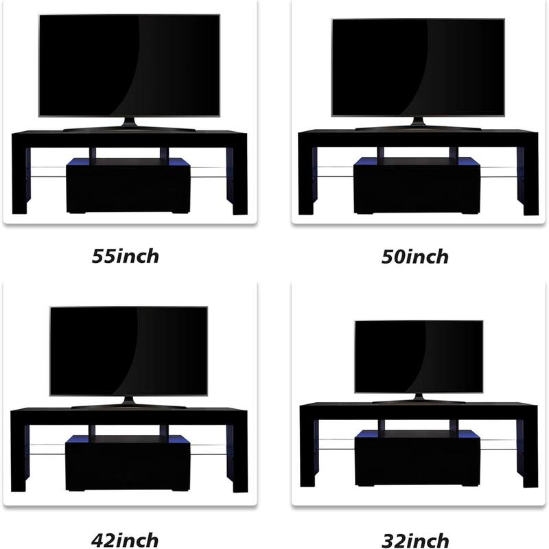 Black 51" TV Stand with Flip Door, Glass Shelf & Glossy Finish for TVs Up to 55"