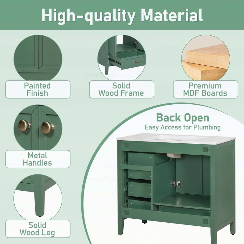 36-Inch Bathroom Vanity with Soft-Closing Drawers,Ceramic Sink,and Wood Frame