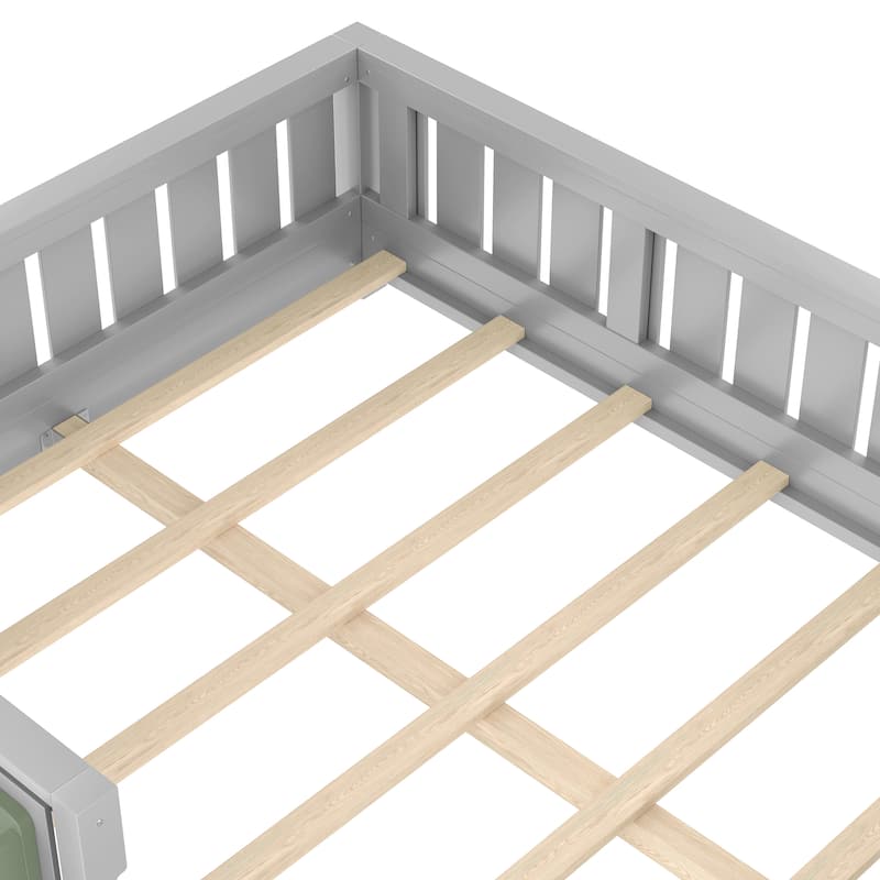 Low Profile Montessori Bed Floor Platform Bed with Fence and Bookshelf