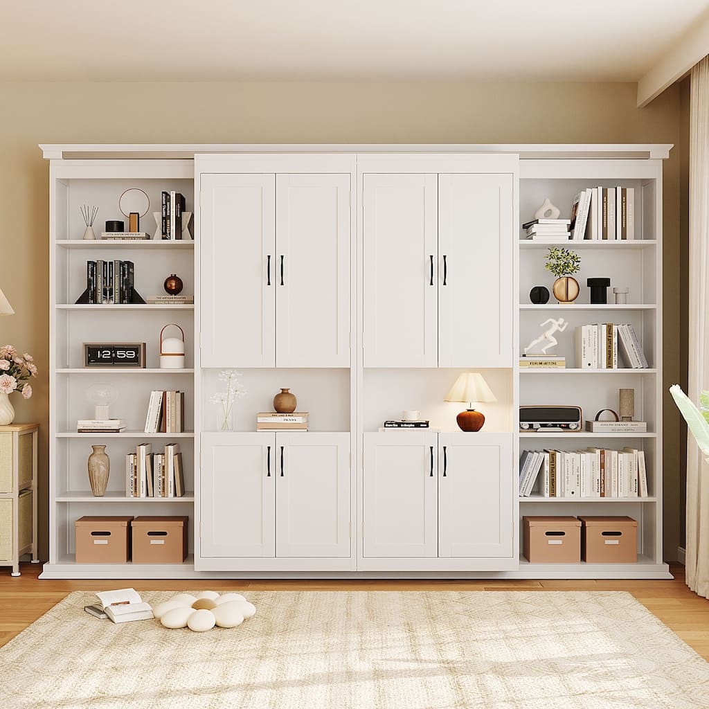 Hidden Hydraulic Lift Wall Bed Queen Murphy Bed with Dual Sliding Storage Cabinets, Side Shelves and Reinforced Metal Frame