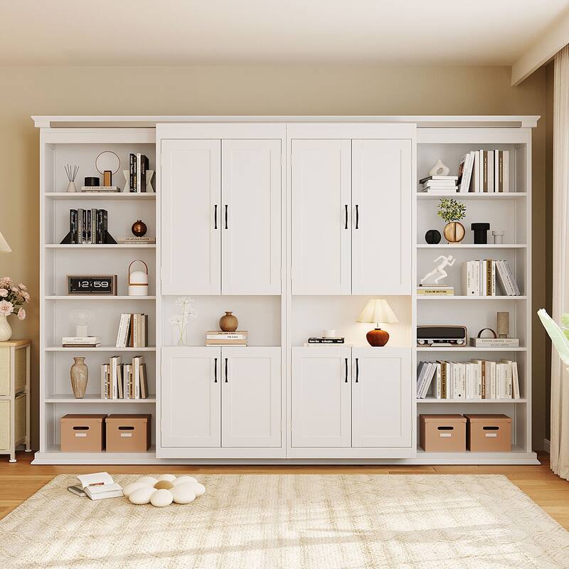 Queen Murphy Bed with Sliding Storage Cabinets & Shelves - Large Capacity Wall Bed System