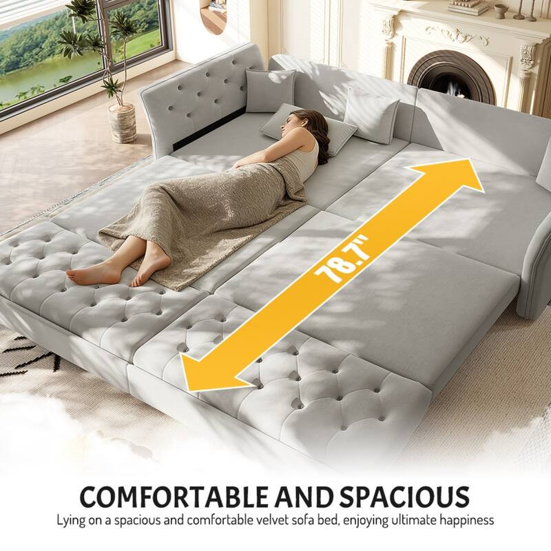 100" Velvet Convertible Sofa Bed with with Fabric Flower Tufted Design