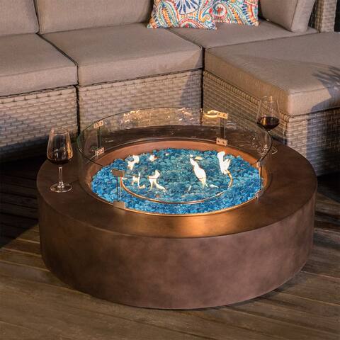 COSIEST Outdoor Round Propane Fire Pit with Wind Guard, Fire Glass