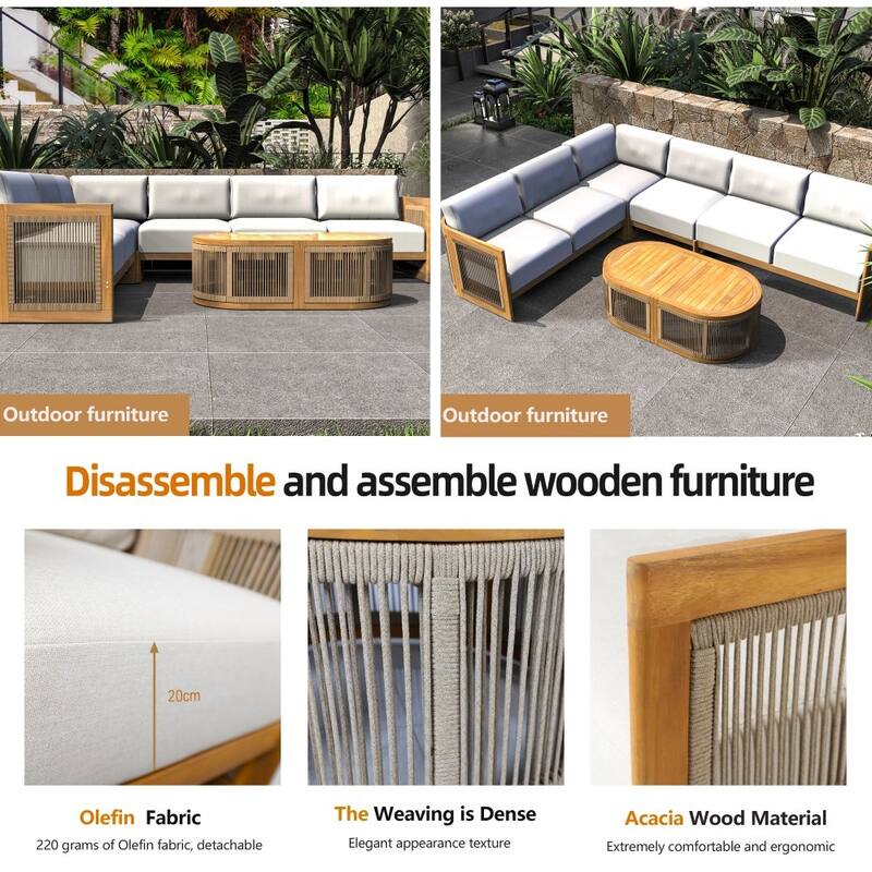 Modern Outdoor Modular Woven Conversation Sofa Set with Acacia Frame and Oval Coffee Table