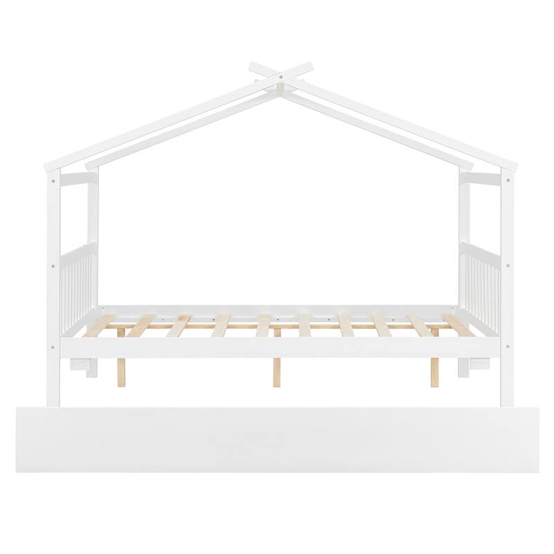 Full Size Wooden House Bed with Twin Trundle in White, Gray, Natural, Walnut