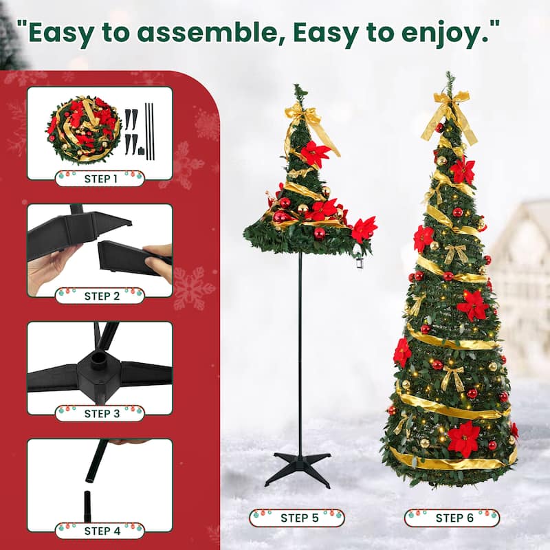 6FT & 7FT Pop Up Artificial Christmas Tree with Red and Gold Ornaments Warm Lights - N/A