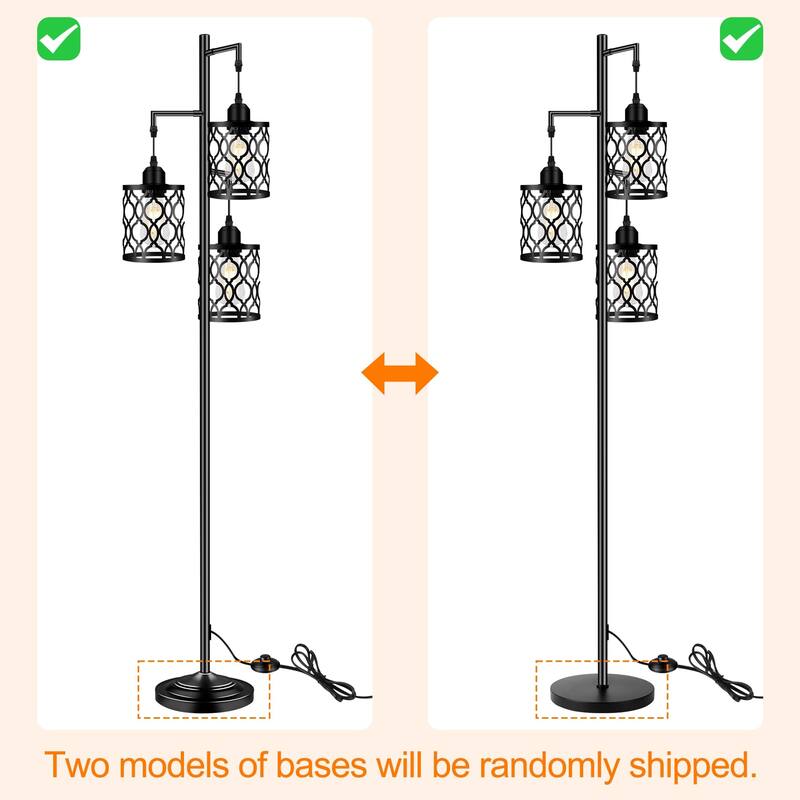 Industrial Floor Lamp, Metal Farmhouse Floor Lamp for Living Room, Rustic Standing Tall Lamp with 3 Elegant Cage Heads - Black