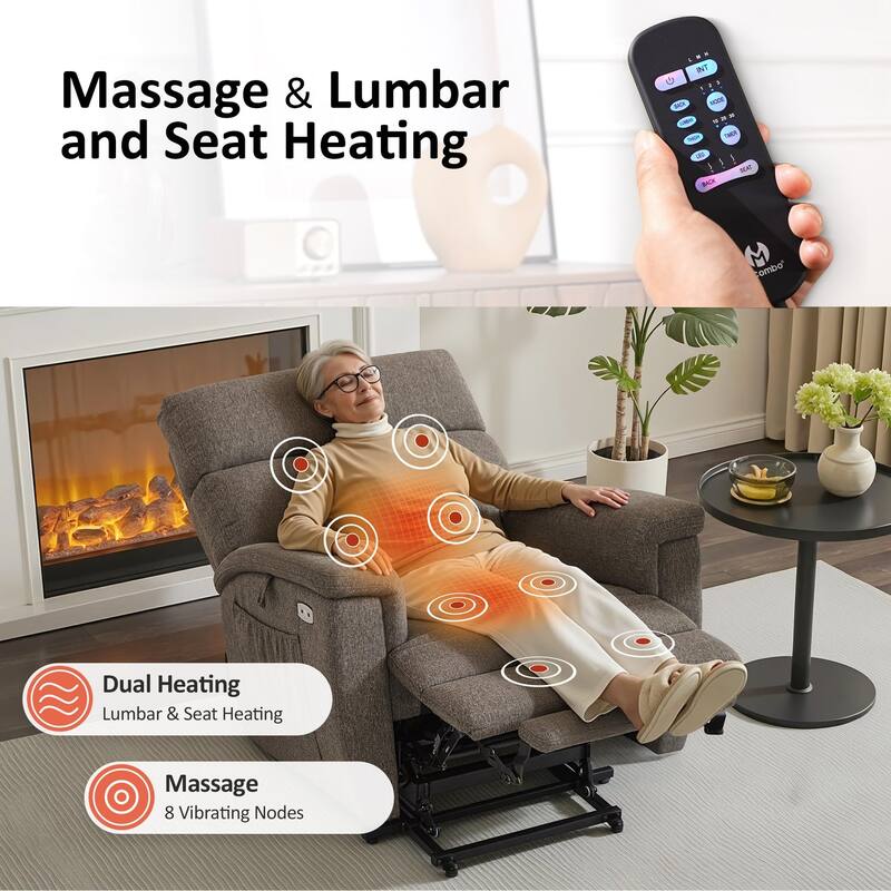 MCombo Power Recliner Lift Chair with Massage, Dual Heating and Adjustable Headrest for Big Elderly People, Fabric R7605
