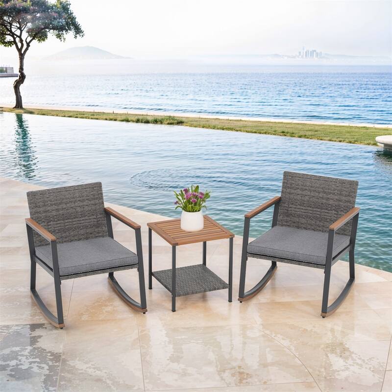 3 Pieces Rocking Wicker Bistro Set, Patio Outdoor Furniture Conversation Sets with Porch Chairs and Glass Coffee Table