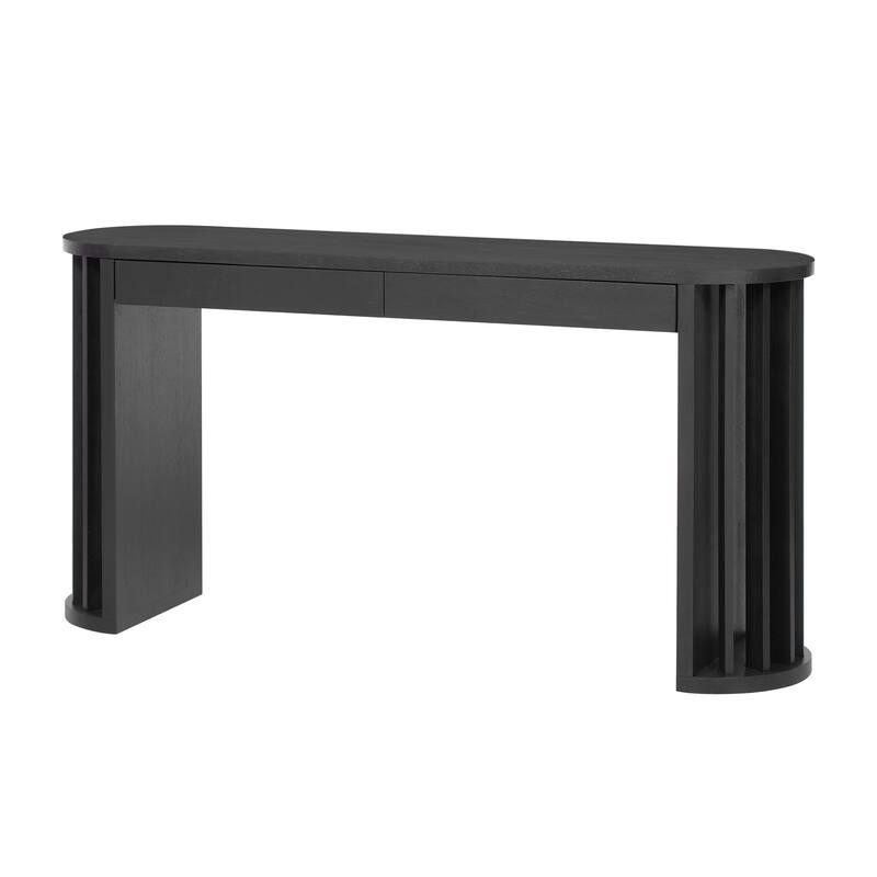 59 Inch Extra Long Entryway Sofa Table, Vintage OAK Veneer Console Table with 2 Storage Drawers and Fan Shaped Legs