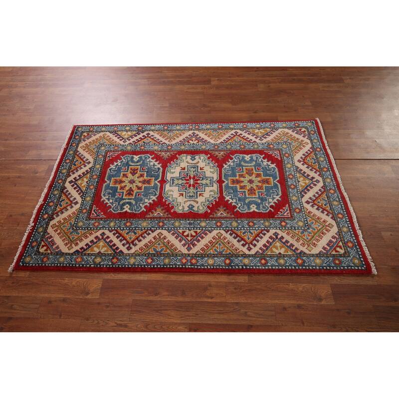 Traditional Kazak Accent Rug Hand-Knotted Red Wool Carpet - 3'3" x 5'4"